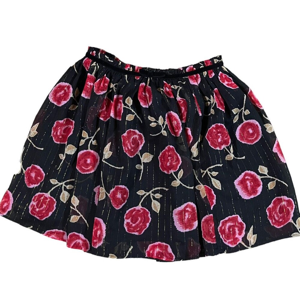 Kate Spade Girls 12Y Floral Skirt W/ Pinstripes & Velvet Bow Black Gold Pink